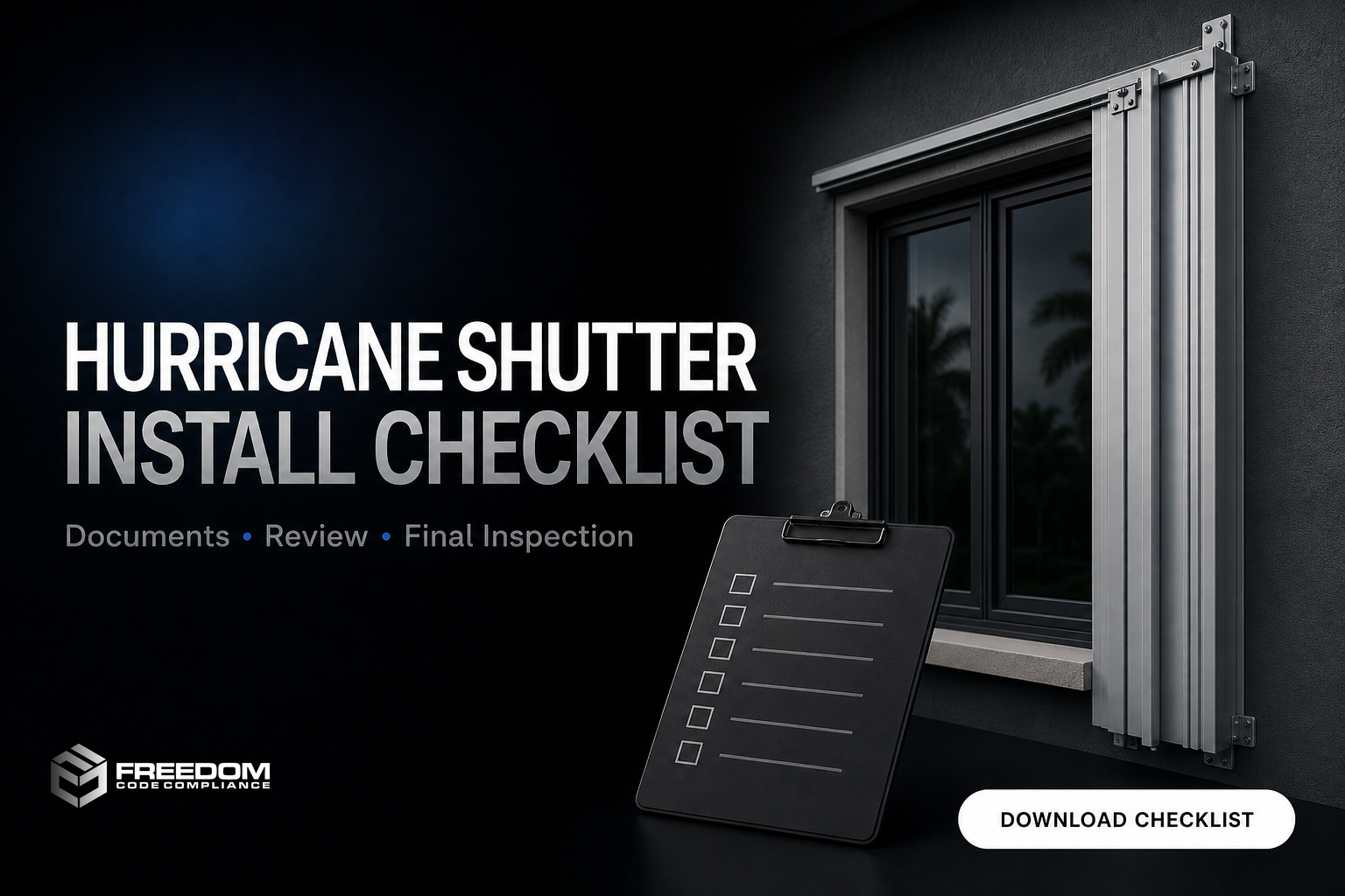 Clean FCC hurricane shutter install checklist banner with Freedom Code Compliance logo, shutter track detail, simple checklist clipboard, and download checklist CTA